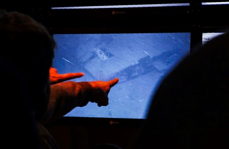 This screen grab image from a handout video released by Ocean Infinity on November 18, 2018, shows part of the wreckage of the ARA San Juan submarine located one year after it vanished into the depths of the Atlantic Ocean