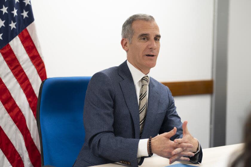 Eric Garcetti, US ambassador to India, following an interview in New Delhi, India, on Thursday, March 28, 2024. Garcetti said he's working to convene events, along with India's government, to bring investors to the country in the second half of the year, likely in Mumbai. Photographer: Ruhani Kaur/Bloomberg via Getty Images