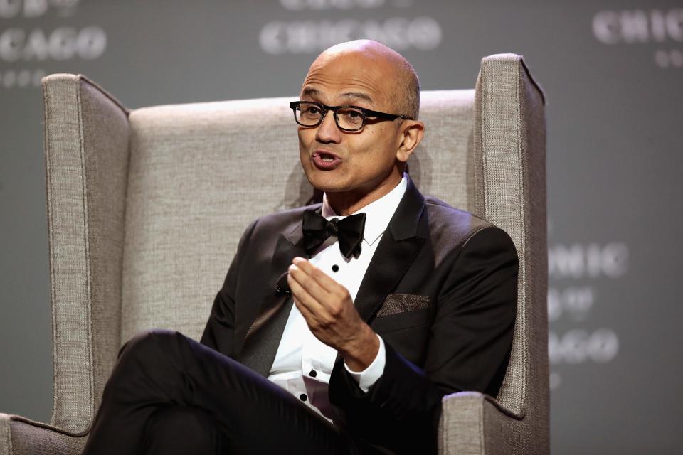 Microsoft CEO Satya Nadella speaks to guests at an Economic Club of Chicago dinner on October 3, 2018 in Chicago, Illinois. Nadella succeeded Steve Ballmer as Microsoft CEO in 2014.