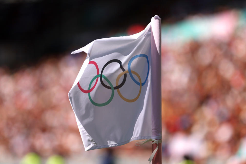 NANTES, FRANCE – AUGUST 08: Detail of the Olympic corner flag during the Men's Bronze Medal match between Egypt and Morocco during the Paris 2024 Olympic Games at Stade de la Beaujoire on August 08, 2024 in Nantes, France. (Photo by Robert Cianflone/Getty Images)