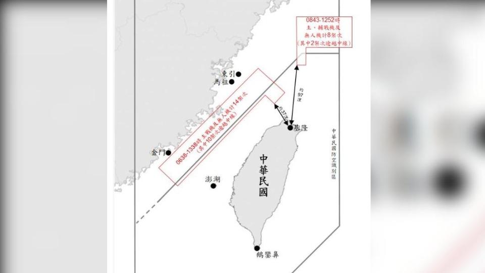 10架戰機最近基隆一度僅37海浬。（圖／國防部提供）