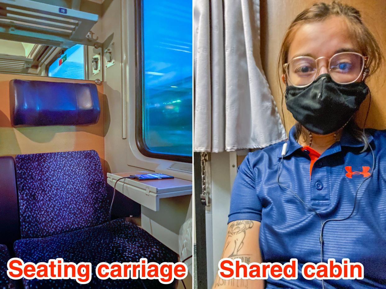 Insider's reporter compared her experiences in a seating carriage and a shared cabin on overnight trains in Europe.