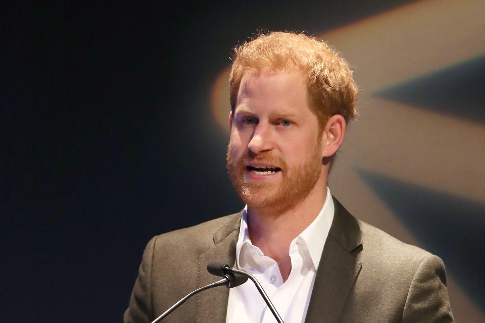 Britain's Prince Harry, Duke of Sussex, addresses a sustainable tourism summit at the Edinburgh International Conference Centre in Edinburgh on February 26, 2020. - Prince Harry was back in Britain on February 26 for the first of a final round of public appearances before he and his wife Meghan step back from their royal duties. (Photo by Andrew Milligan / POOL / AFP) (Photo by ANDREW MILLIGAN/POOL/AFP via Getty Images)