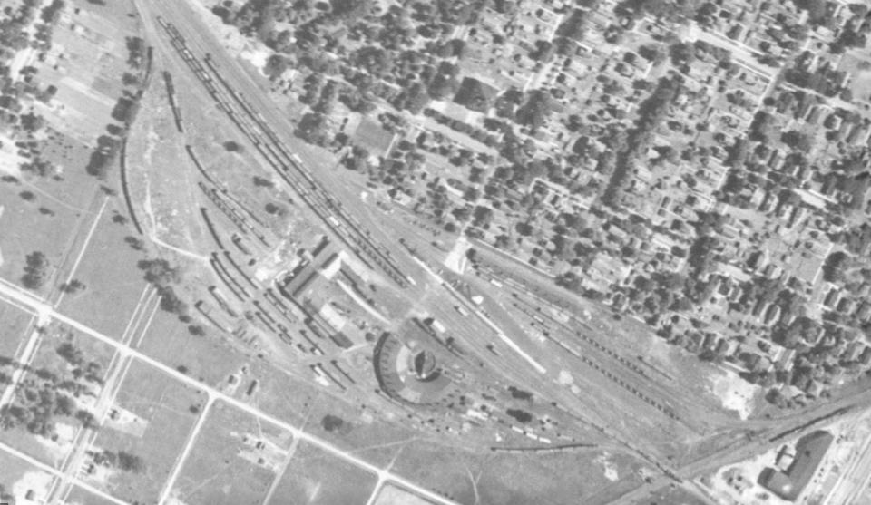 The Canadian National rail yard on Green Bay's west side as seen in an aerial photo taken in 1938. Ashland Avenue would not be built over the site until 1955.