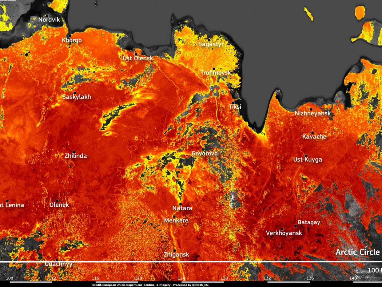 Image taken by the EU’s Copernicus Sentinel-3 satellite shows land surface temperatures reaching nearly 50C around the town of Verkhojansk (European Union, Copernicus Sentinel-3 imagery)