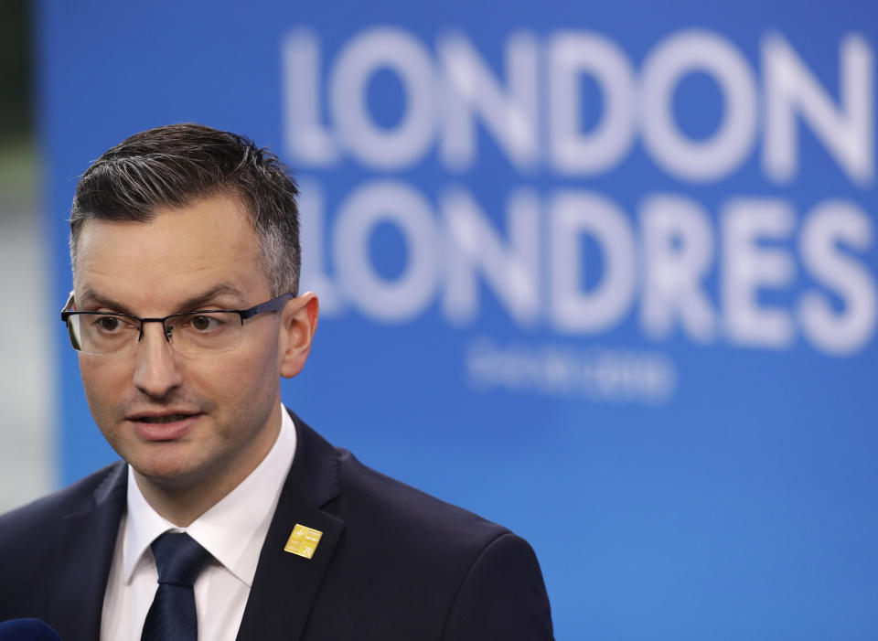 Slovenian Prime Minister Marjan Sarec arrives for a NATO leaders meeting at The Grove hotel and resort in Watford, Hertfordshire, England, Wednesday, Dec. 4, 2019. As NATO leaders meet and show that the world's biggest security alliance is adapting to modern threats, NATO Secretary-General Jens Stoltenberg is refusing to concede that the future of the 29-member alliance is under a cloud. (AP Photo/Matt Dunham)