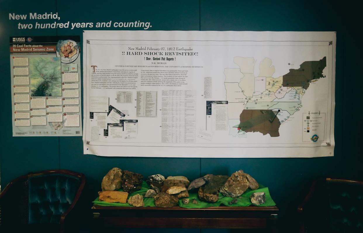 A graph with information on the New Madrid 1812 earthquake can be seen during a tour on Thursday, May 02 2024 at 3890 Central Avenue in Memphis, Tenn.
