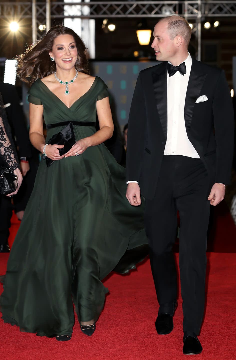 <p>Duchess Kate and Will dressed up for a night out at the BAFTA Awards in London. Despite <a href="https://www.townandcountrymag.com/style/fashion-trends/a16868409/kate-middleton-baftas-black-dress-times-up/" rel="nofollow noopener" target="_blank" data-ylk="slk:the BAFTA's all-black dress code in support of the #TimesUp movement;elm:context_link;itc:0;sec:content-canvas" class="link ">the BAFTA's all-black dress code in support of the #TimesUp movement</a>, the Duchess wore a green Jenny Packham gown with emerald jewelry, Prada heels, and a black clutch.</p>