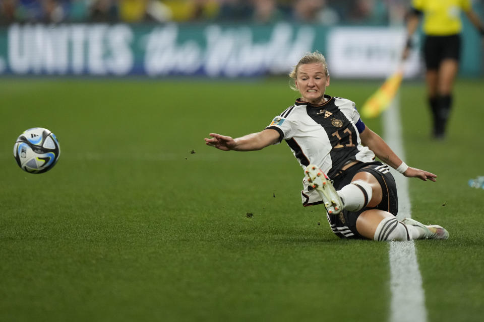 Germany's Alexandra Popp is in action during the Women's World Cup Group H soccer match between Germany and Colombia at the Sydney Football Stadium in Sydney, Australia, Sunday, July 30, 2023. (AP Photo/Rick Rycroft)