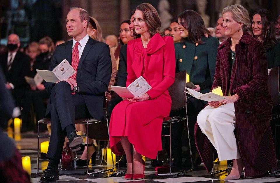 LONDON, ENGLAND - DECEMBER 08: Previously unissued photo dated 08/12/21 Prince William, Duke of Cambridge, Catherine, Duchess of Cambridge and Sophie, Countess of Wessex take part in 'Royal Carols - Together At Christmas', a Christmas carol concert hosted by the duchess at Westminster Abbey in London, which will be broadcast on Christmas Eve on ITV. on December 8, 2021 in London, England.