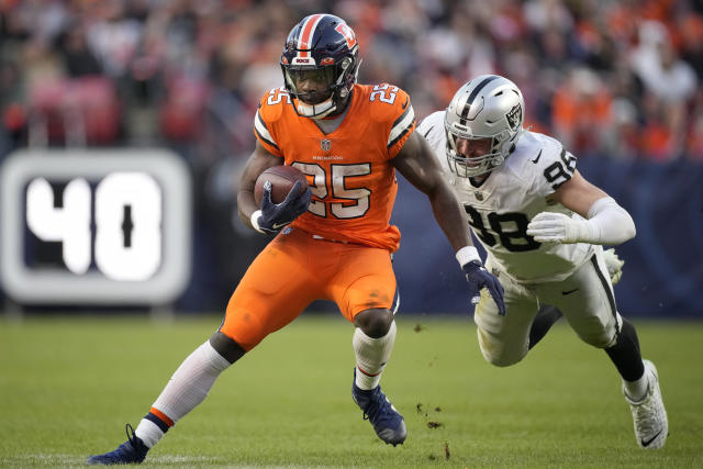 Las Vegas Raiders linebacker Divine Diablo (5) reacts to a stop against the  Denver Broncos during an NFL football game Sunday, Sept. 10, 2023, in  Denver. (AP Photo/Jack Dempsey Stock Photo - Alamy