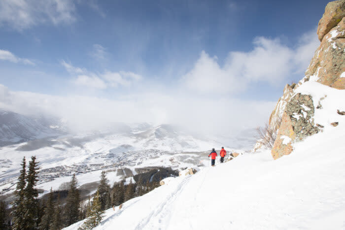 Skiers look out over a valley