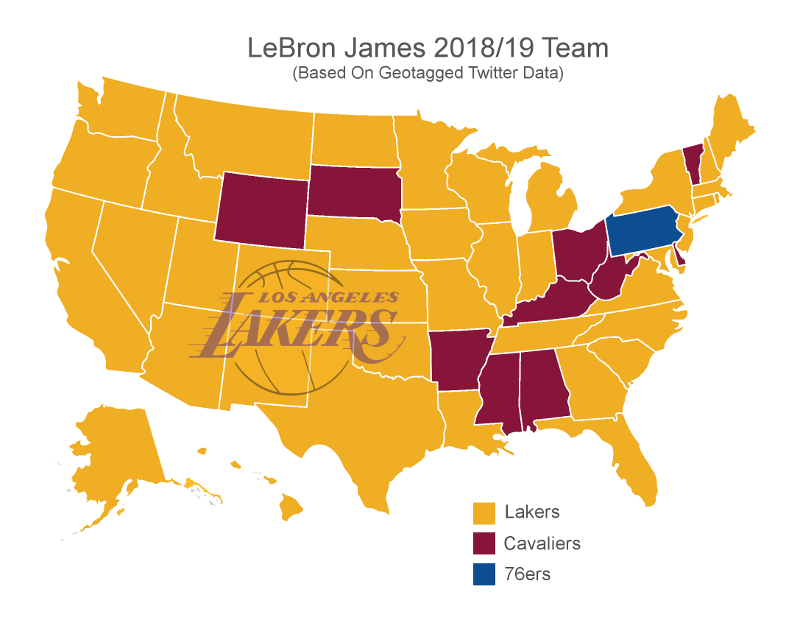 A visualization of where U.S.-based Twitterers think LeBron will be going in free agency. (Image via sportsbetting.ag)