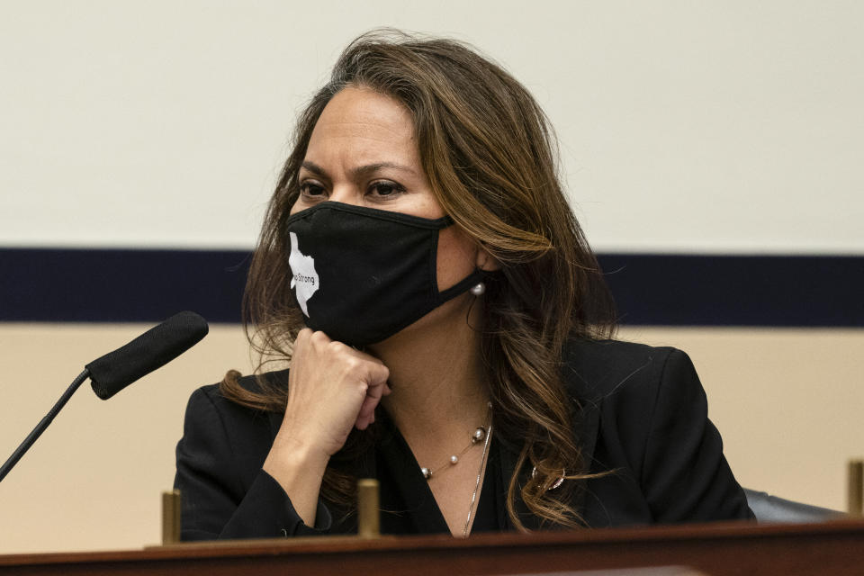 Rep. Veronica Escobar, D-Texas, listens during a House Committee on Armed Services Subcommittee on Military Personnel, hearing about Military Criminal Investigative Organization Reform Recommendations from the Fort Hood Independent Review Committee, on Capitol Hill, Tuesday, March 16, 2021, in Washington. (AP Photo/Alex Brandon)