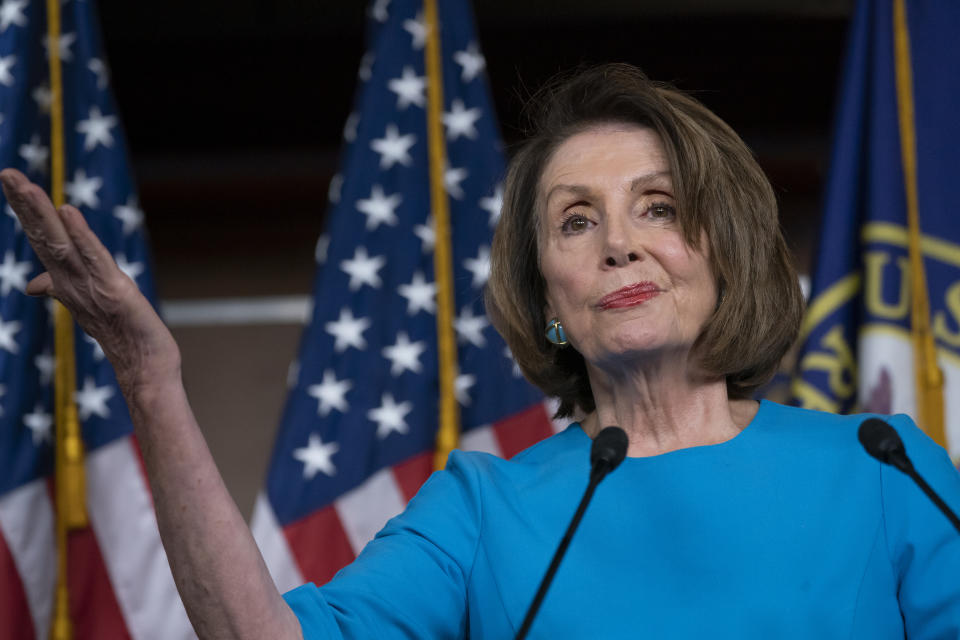 Speaker of the House Nancy Pelosi, D-Calif., meets with reporters at her weekly news conference at the Capitol in Washington, Thursday, May 16, 2019. Pelosi says the U.S. must avoid war with Iran, and she says the White House has "no business" moving toward a Middle East confrontation without approval from Congress. (AP Photo/J. Scott Applewhite)