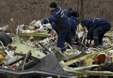 Local workers work on the Malaysia Airlines flight MH17 wreckage at the site of the plane crash near the village of Hrabove (Grabovo) in Donetsk region, eastern Ukraine November 20, 2014. REUTERS/Antonio Bronic