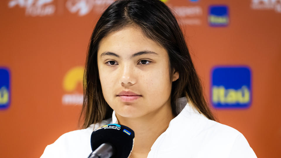 Emma Raducanu, pictured here speaking with reporters in her Madrid Open press conference.