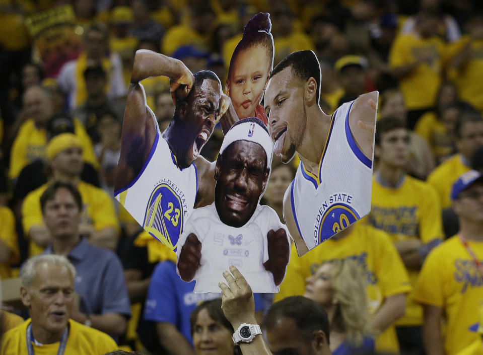 Stephen Curry and Draymond Green hope to make a comedy and a tragedy out of LeBron James in the NBA Finals. (AP)
