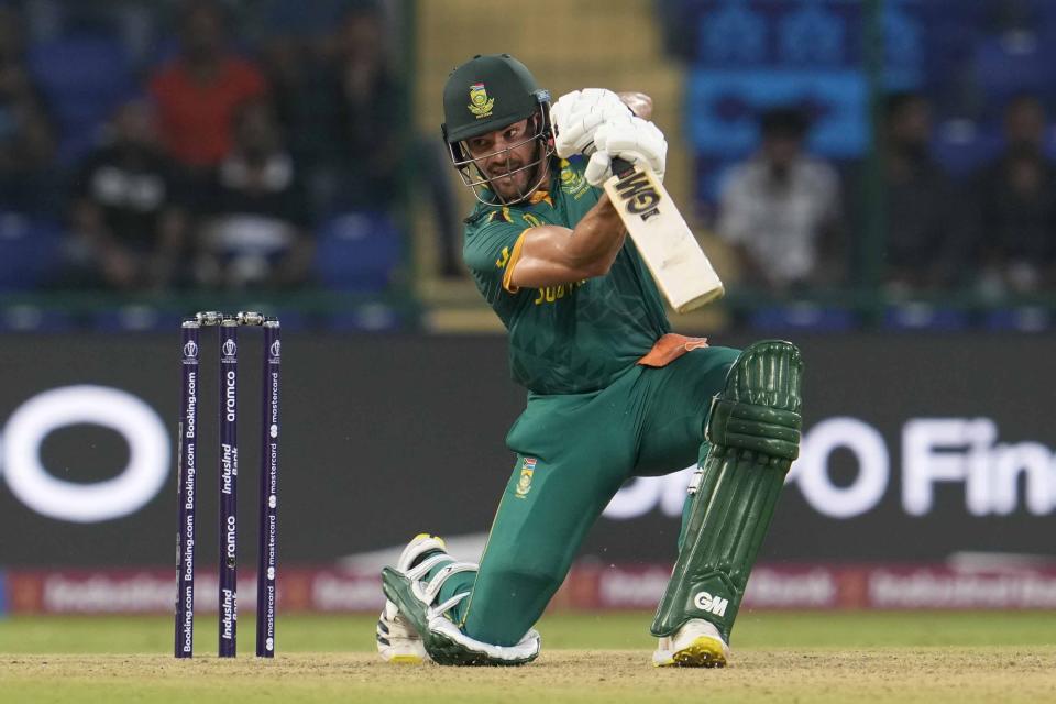 South Africa's Aiden Markram hits a four during the ICC Cricket World Cup match between South Africa and Sri Lanka in New Delhi, India, Saturday, Oct. 7, 2023. (AP Photo/Altaf Qadri )