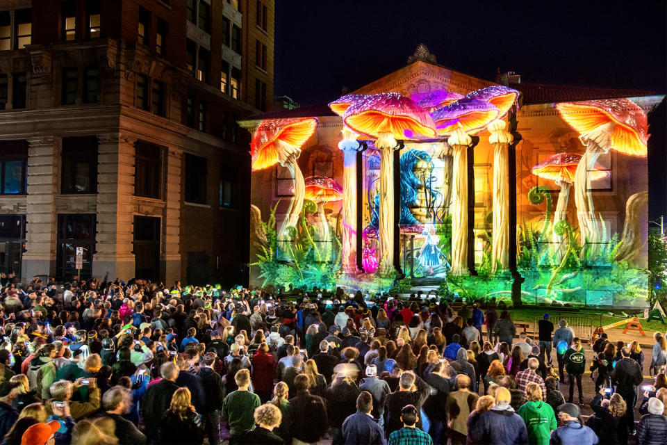 <p>Video displays that make buildings come alive—like this fairy tale projected onto the Carnegie Library in Binghamton, N.Y., at a LUMA light festival—turn cities into canvases.</p>