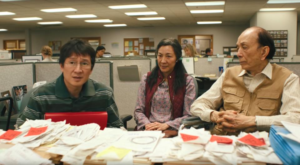 Quan, Michelle Yeoh and James Hong in Everything Everywhere All at Once. (Photo: Courtesy Everett Collection)