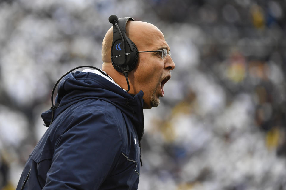 Penn State head coach James Franklin yells from the sideline during an NCAA college football game against Michigan in State College, Pa., Saturday, Nov. 13, 2021. Michigan defeated Penn State 21-17. (AP Photo/Barry Reeger)