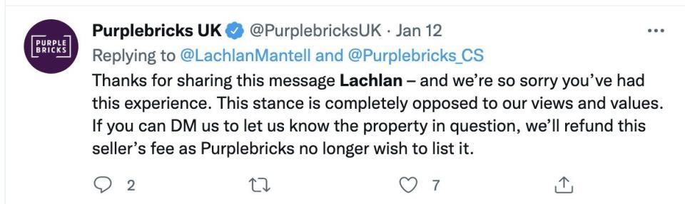 Purplebricks responded on Twitter that the Christian couple's stance was 'completely opposed' to its 'views and values'