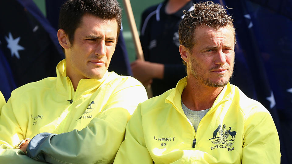 Bernard Tomic and Lleyton Hewitt in 2016. (Photo by Robert Prezioso/Getty Images)