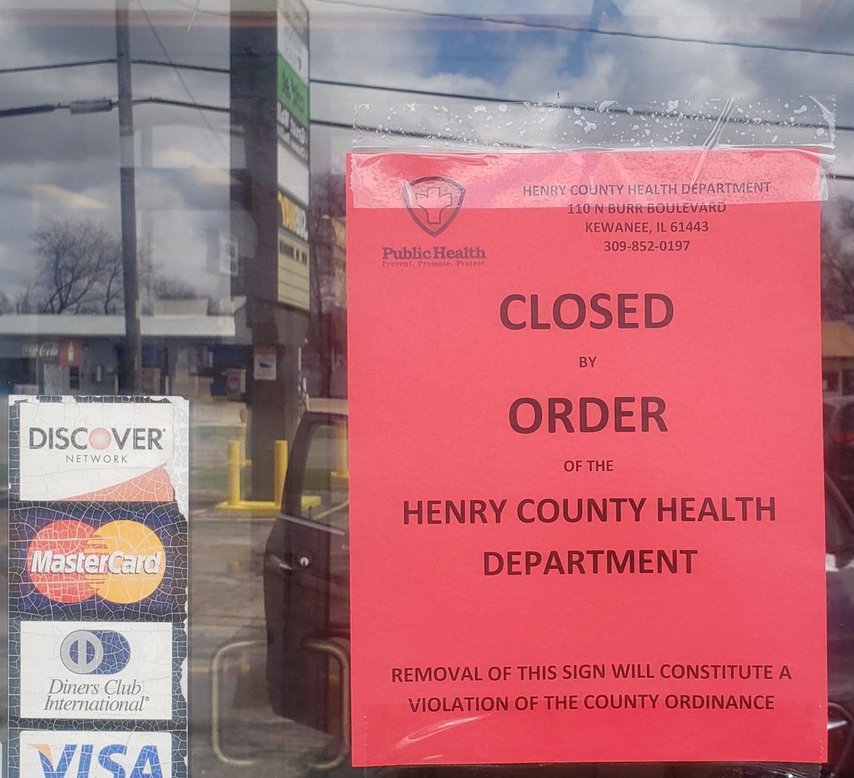 A sign placed on the door of the Great Wall restaurant in Kewanee announced the closure of the restaurant by the Henry & Stark County Health Department. The establishment was one of two local restaurants closed due to priority violations under the resumption of the health department's food inspection program.