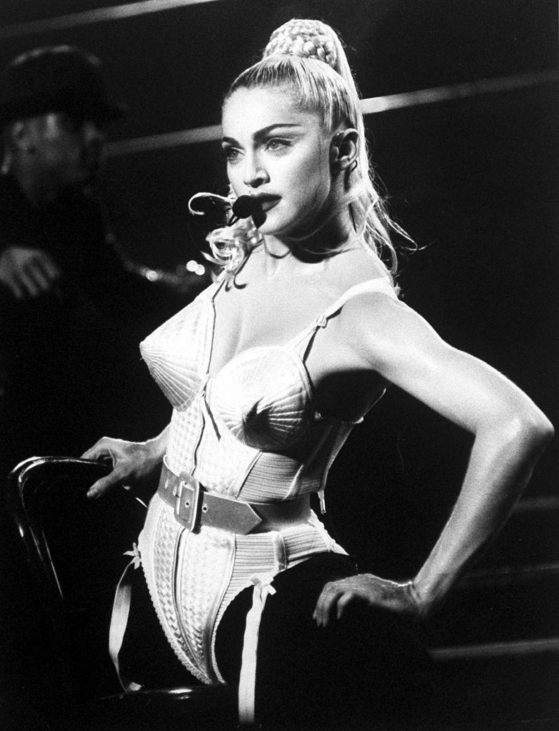 Katy Perry's Met Gala outfit was an homage to Madonna's iconic Gaultier cone corset, pictured here during her Blonde Ambition tour. (Getty Images)