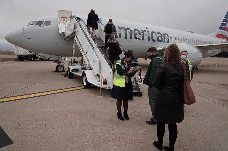 A Boeing 737 Max airplane is pictured on the tarmac at Dallas Fort Worth Airport before a media flight to Tulsa