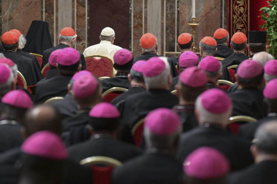 FILE - Pope Francis, background third from left, leads a penitential liturgy at the Vatican, Saturday, Feb. 23, 2019. Five years ago this week, Francis convened an unprecedented summit of bishops from around the world to impress on them that clergy abuse was a global problem and they needed to address it, but now, five years later, despite new church laws to hold bishops accountable and promises to do better, the Catholic Church's in-house legal system and pastoral response to victims has proven again to be incapable of dealing with the problem. (Vincenzo Pinto/Pool Photo via AP, File)