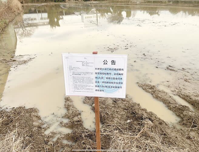 桃園航空城工程延宕，農民在原農地耕種遭民航局管理處插立牌警告。（姜霏攝）