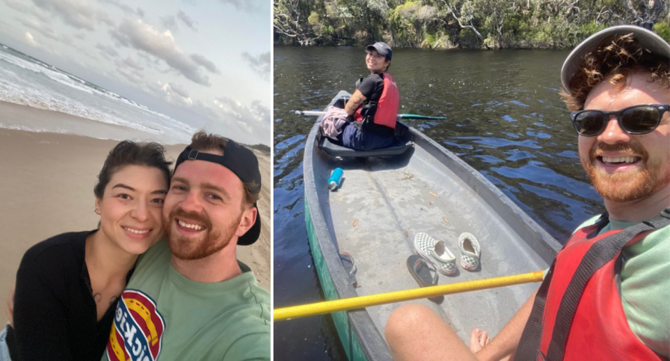 Fined Queensland driver Christian and his partner Sara on a beach and kayaking