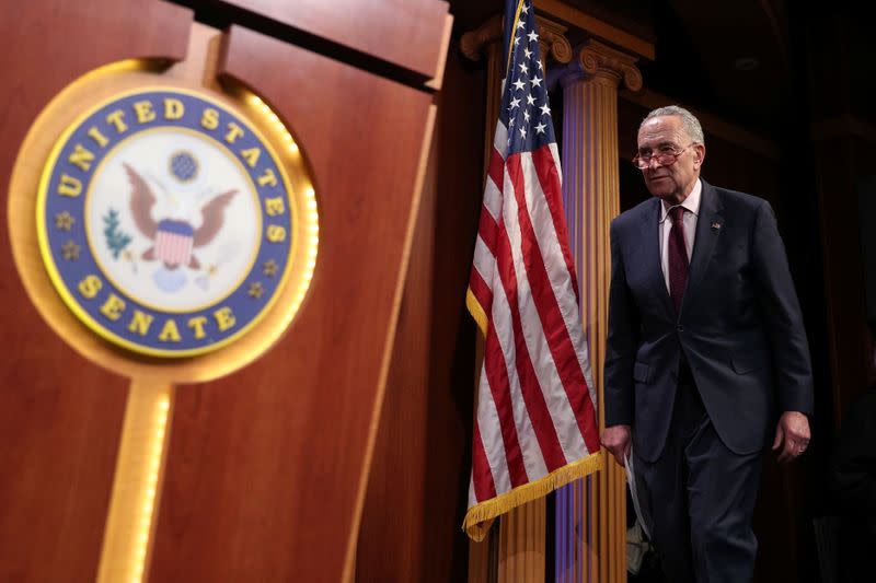 Senate Minority Leader Schumer (D-NY) arrives for a press conference on Capitol Hill in Washington