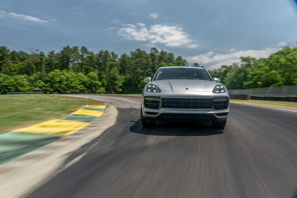 <p>The <a href="https://www.caranddriver.com/porsche/cayenne-turbo-turbo-s" rel="nofollow noopener" target="_blank" data-ylk="slk:Cayenne Turbo;elm:context_link;itc:0;sec:content-canvas" class="link ">Cayenne Turbo</a> we lapped this year was equipped with carbon-ceramic brake rotors that measure 17.3-inches in size. For reference, the average american eats on a 12-inch dinner plate. It's all gravy as the <a href="https://www.caranddriver.com/features/a29389912/2019-porsche-cayenne-turbo-lightning-lap/" rel="nofollow noopener" target="_blank" data-ylk="slk:big brakes slowed this 5120-lb SUV from 144.9 mph into Turn 1;elm:context_link;itc:0;sec:content-canvas" class="link ">big brakes slowed this 5120-lb SUV from 144.9 mph into Turn 1</a> without fading. Of course the sticky Pirelli PZero Corsa PZC4 tires deserve part of the praise, as a $2110 option should. </p>