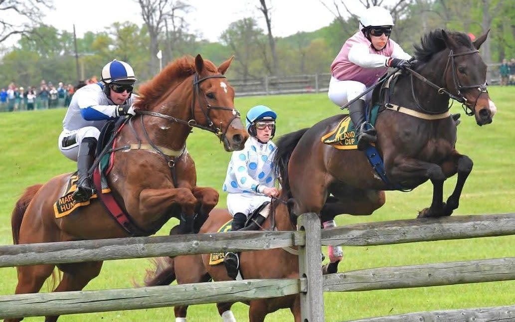 Charlie Marshall steers Blackhall (far left) to victory in the Maryland Hunt Cup/Marshall siblings are taking racing — and America — by storm