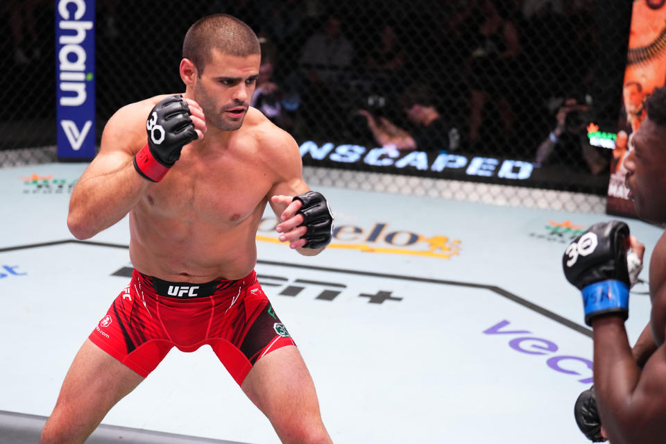 LAS VEGAS, NEVADA – MAY 20: (L-R) Andre Fialho of Portugal faces Joaquin Buckley in a welterweight fight during the UFC Fight Night event at UFC APEX on May 20, 2023 in Las Vegas, Nevada. (Photo by Chris Unger/Zuffa LLC via Getty Images)