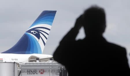 The EgyptAir plane scheduled to make the following flight from Paris to Cairo, after flight MS804 disappeared from radar, taxies on the tarmac at Charles de Gaulle airport in Paris, France, May 19, 2016. REUTERS/Christian Hartmann