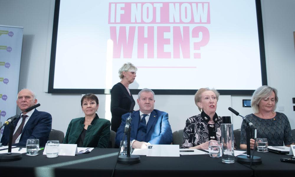 Vince Cable, Caroline Lucas, Ian Blackford, Margaret Beckett, Liz Saville Roberts and Anna Soubry (standing) at a press conference organised by the People’s Vote campaign.