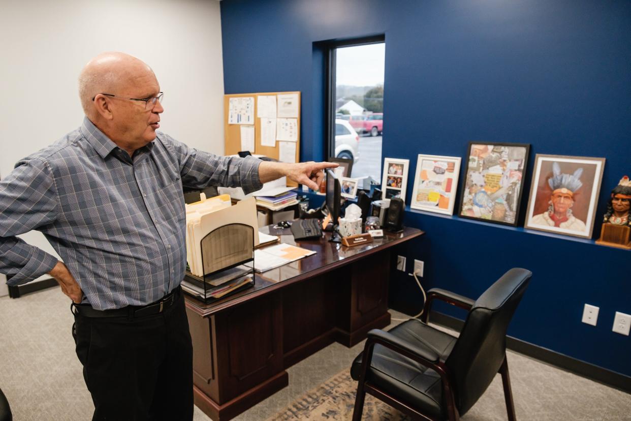 Newcomerstown Mayor Patrick Cadle shows off his office in the new Village Hall.