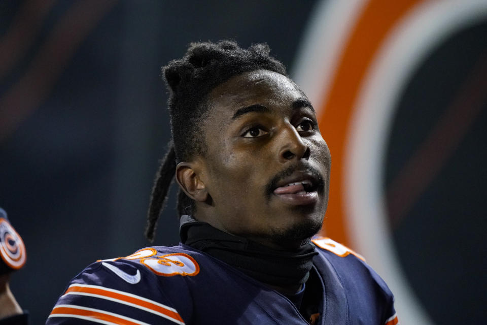 Chicago Bears wide receiver Javon Wims (83) walks to the locker room after being ejected for unnecessary roughness in the second half of an NFL football game against the New Orleans Saints in Chicago, Sunday, Nov. 1, 2020. (AP Photo/Nam Y. Huh)