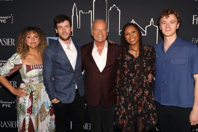 <p>Jesse Grant/Getty</p> Jess Salgueiro, Jack Cutmore-Scott, Kelsey Grammer, Toks Olagundoye, and Anders Keith attend the 'Fraiser' FYC Event on April 09, 2024 in Los Angeles