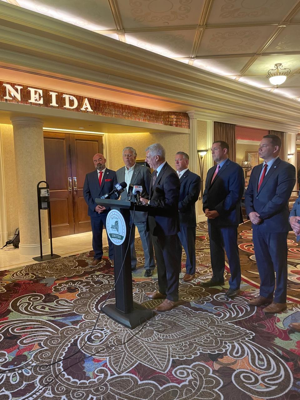 Oneida County Executive Anthony J. Picente Jr. addresses reporters at the New York State Association of Counties fall seminar Thursday, Sept. 14 at Turning Stone Resort Casino.