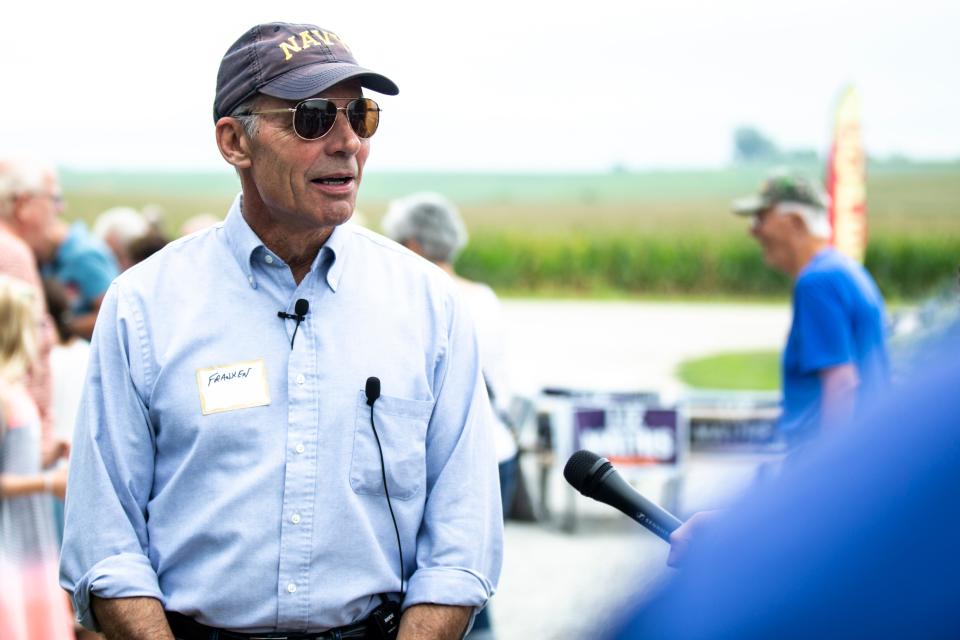 Democratic U.S. Senate candidate Mike Franken speaks  to reporters during the inaugural County Line fundraiser, Saturday, Sept. 3, 2022, at Sutliff Farm & Cider House in Lisbon, Iowa.