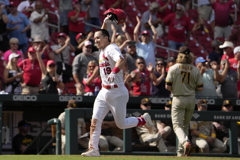 St. Louis Cardinals' Tommy Edman (19) celebrates after hitting a walk-off two-run home run off San Diego Padres relief pitcher Josh Hader (71) to defeat the Padres 5-4 in a baseball game Wednesday, Aug. 30, 2023, in St. Louis. (AP Photo/Jeff Roberson)