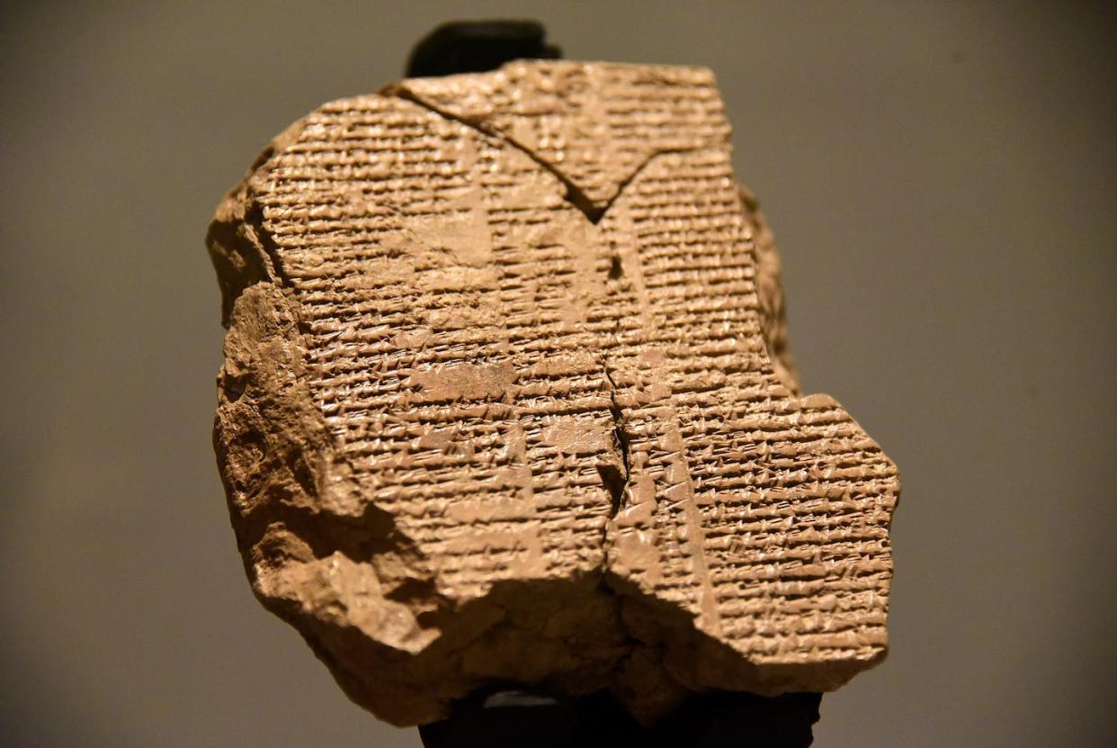 Tablet V of the Epic of Gilgamesh located in the The Sulaymaniyah Museum, Iraq. <a href="https://commons.wikimedia.org/wiki/File:The_Newly_Discovered_Tablet_V_of_the_Epic_of_Gilgamesh,_The_Sulaymaniyah_Museum,_Iraq.jpg" rel="nofollow noopener" target="_blank" data-ylk="slk:Osama Shukir Muhammed Amin FRCP/Wikimedia Commons;elm:context_link;itc:0;sec:content-canvas" class="link ">Osama Shukir Muhammed Amin FRCP/Wikimedia Commons</a>, <a href="http://creativecommons.org/licenses/by-sa/4.0/" rel="nofollow noopener" target="_blank" data-ylk="slk:CC BY-SA;elm:context_link;itc:0;sec:content-canvas" class="link ">CC BY-SA</a>