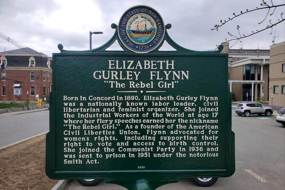 A historical marker dedicated to Elizabeth Gurley Flynn stands in Concord, New Hampshire, Friday, May 5, 2023. The historical marker dedicated to the feminist and labor activist in New Hampshire, who also led the Communist Party, was removed Monday, May 15, just two weeks after it was unveiled.