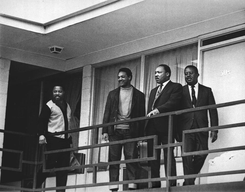 The Rev. Martin Luther King Jr. stands with other civil rights leaders on the balcony of the Lorraine Motel in Memphis, Tenn., on April 3, 1968, a day before he was assassinated at approximately the same place. From left are Hosea Williams, Jesse Jackson, King, and Ralph Abernathy. The 39-year-old Nobel Laureate was the proponent of non-violence in the 1960's American civil rights movement. King is honored with a national U.S. holiday celebrated in January.