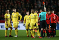 Soccer Football - Coupe de la Ligue - Stade Rennes vs Paris St Germain - Roazhon Park, Rennes, France - January 30, 2018 Paris Saint-Germain’s Kylian Mbappe is shown a red card by referee Mikael Lesage REUTERS/Stephane Mahe